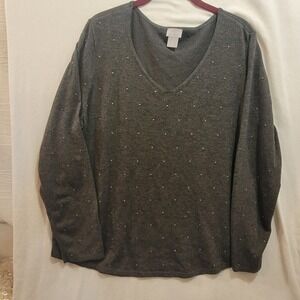 Chicos Charcoal Gray V-neck Pullover‎ Sweater Gunmetal Studs Size 2/ US Lg 12